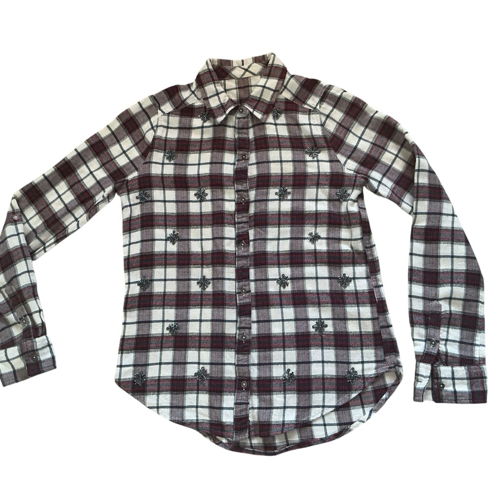Vintage Abercrombie women’s flannel shirt button up plaid w/beads snowflakes XS